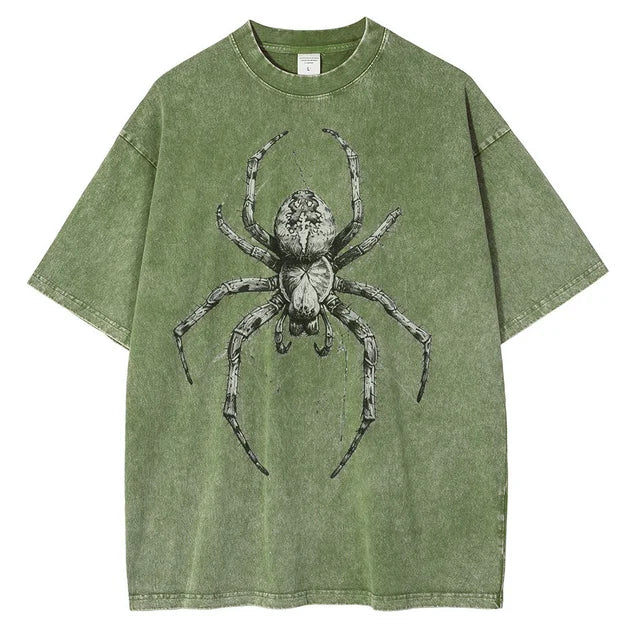 Men Fashion Spider Hand Drawn Distressed Cotton Short Sleeves Printed Loose Tops Shirt