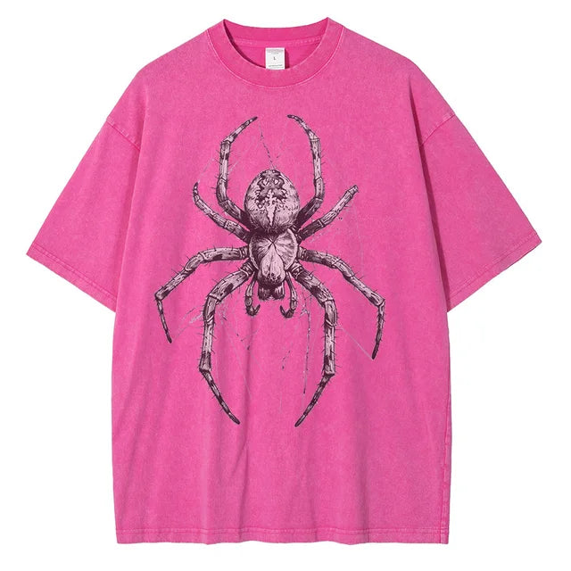 Men Fashion Spider Hand Drawn Distressed Cotton Short Sleeves Printed Loose Tops Shirt