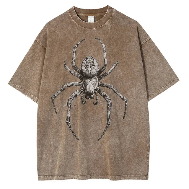 Men Fashion Spider Hand Drawn Distressed Cotton Short Sleeves Printed Loose Tops Shirt