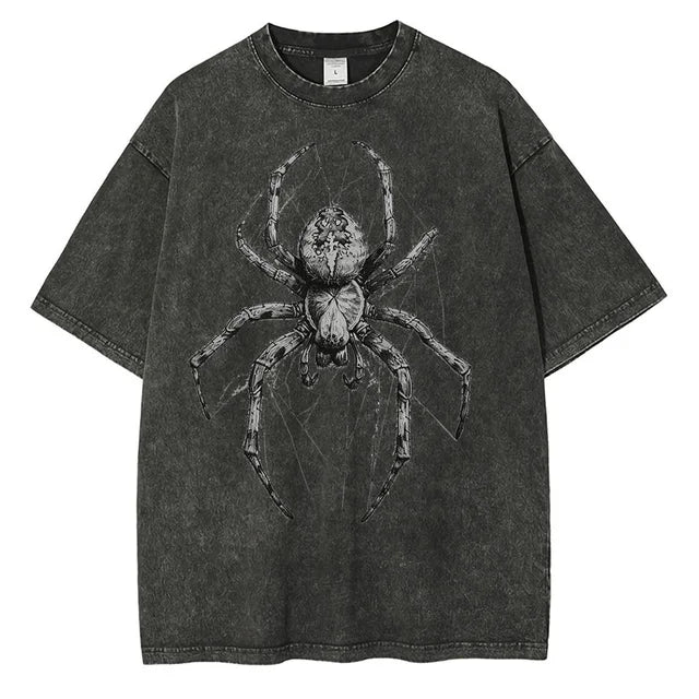 Men Fashion Spider Hand Drawn Distressed Cotton Short Sleeves Printed Loose Tops Shirt