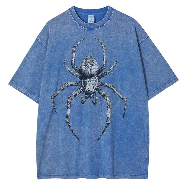 Men Fashion Spider Hand Drawn Distressed Cotton Short Sleeves Printed Loose Tops Shirt