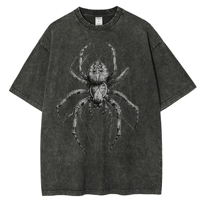 Men Fashion Spider Hand Drawn Distressed Cotton Short Sleeves Printed Loose Tops Shirt