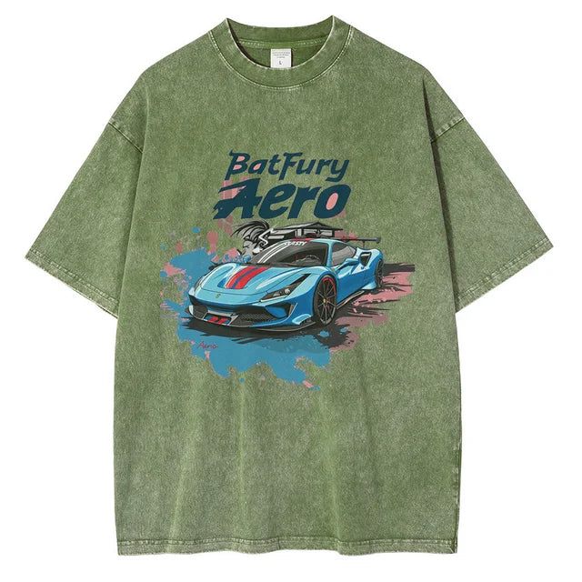 Men Sports Car Graphic Cotton Printed Loose Streetwear Tees Tops Shirts