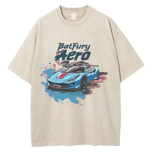 Men Sports Car Graphic Cotton Printed Loose Streetwear Tees Tops Shirts