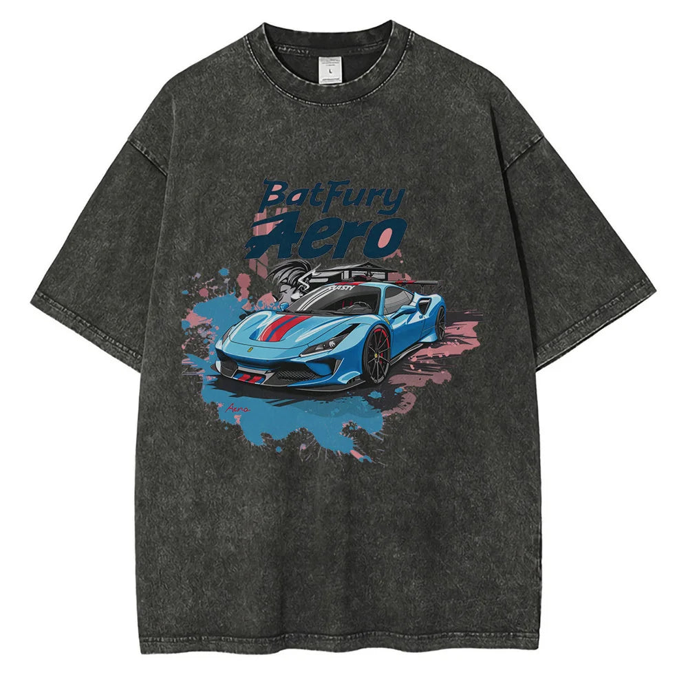 Men Sports Car Graphic Cotton Printed Loose Streetwear Tees Tops Shirts