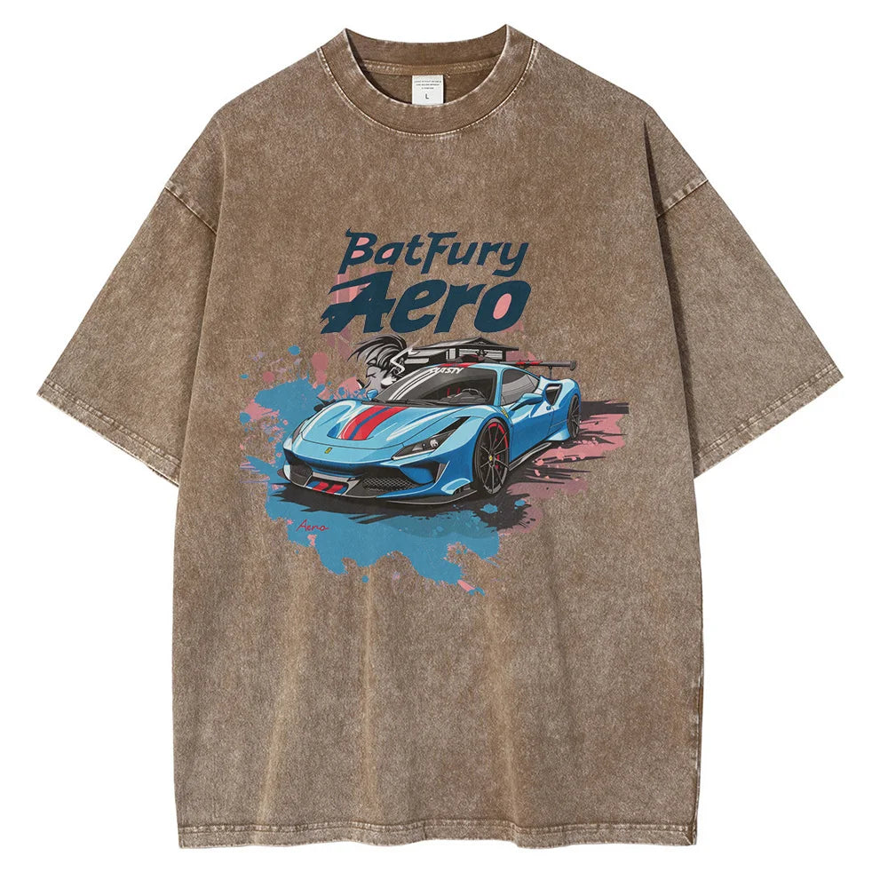 Men Sports Car Graphic Cotton Printed Loose Streetwear Tees Tops Shirts