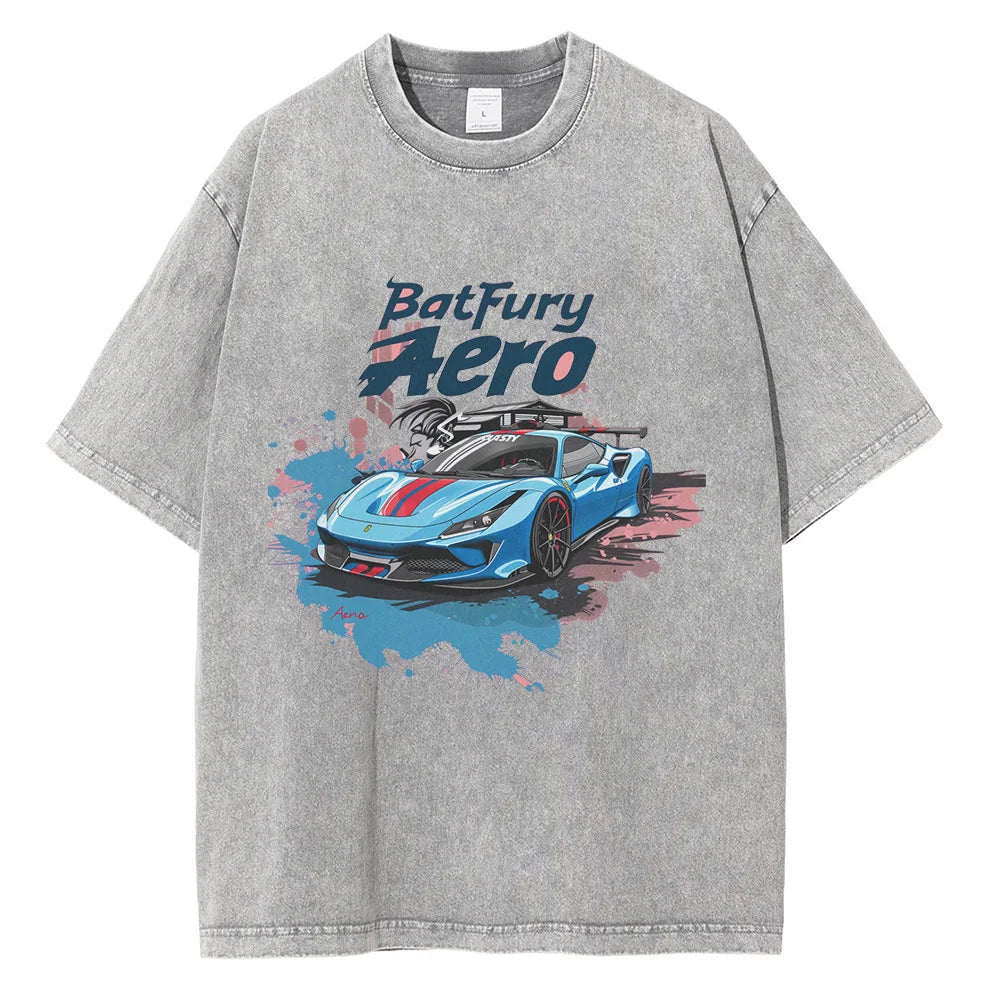 Men Sports Car Graphic Cotton Printed Loose Streetwear Tees Tops Shirts