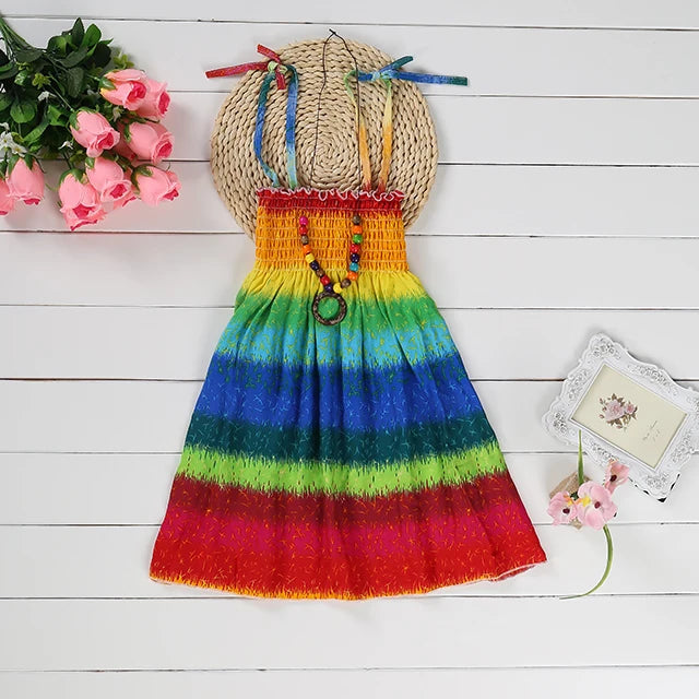 Kids Girls Floral Sling Ruffles Bohemian Beach Princess Birthday Party Dress w/ Necklaces