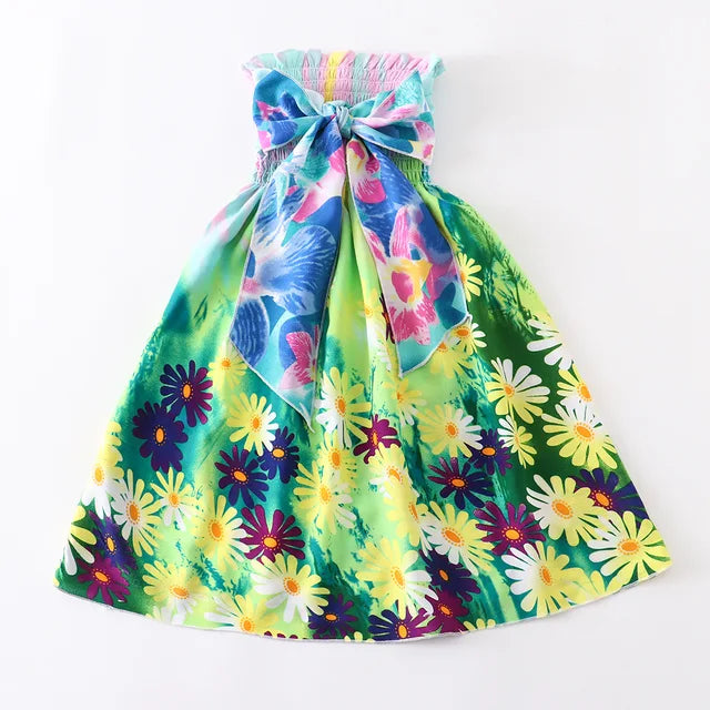 Kids Girls Floral Sling Ruffles Bohemian Beach Princess Birthday Party Dress w/ Necklaces