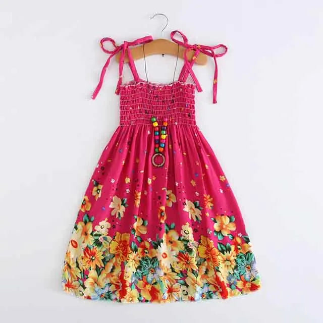 Kids Girls Floral Sling Ruffles Bohemian Beach Princess Birthday Party Dress w/ Necklaces