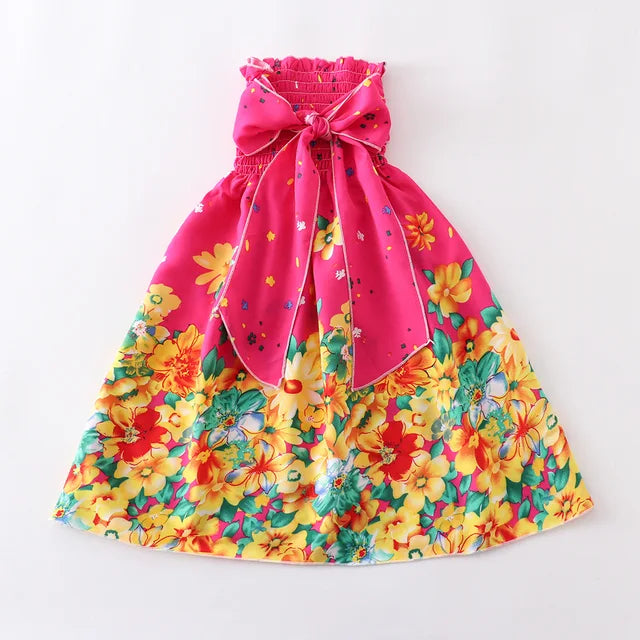 Kids Girls Floral Sling Ruffles Bohemian Beach Princess Birthday Party Dress w/ Necklaces