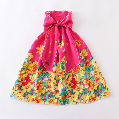 Kids Girls Floral Sling Ruffles Bohemian Beach Princess Birthday Party Dress w/ Necklaces