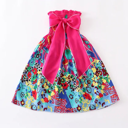 Kids Girls Floral Sling Ruffles Bohemian Beach Princess Birthday Party Dress w/ Necklaces