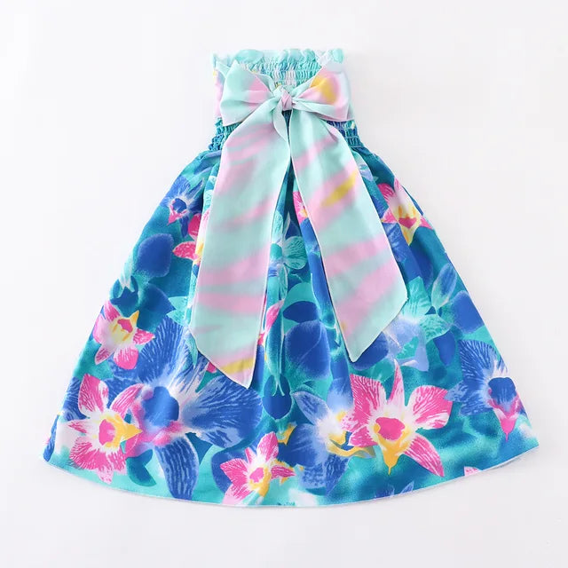 Kids Girls Floral Sling Ruffles Bohemian Beach Princess Birthday Party Dress w/ Necklaces