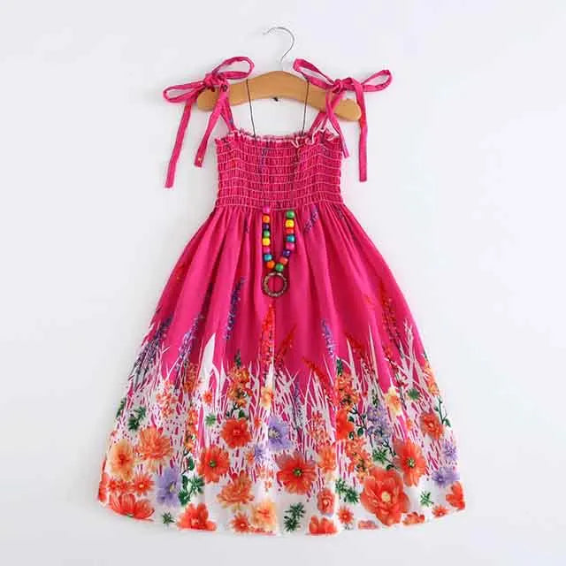 Kids Girls Floral Sling Ruffles Bohemian Beach Princess Birthday Party Dress w/ Necklaces