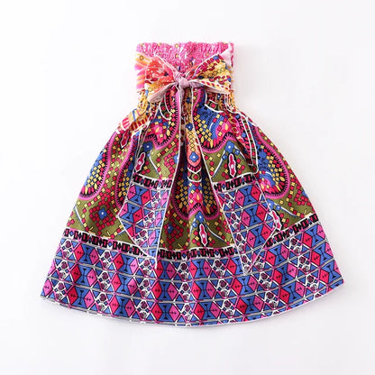 Kids Girls Floral Sling Ruffles Bohemian Beach Princess Birthday Party Dress w/ Necklaces