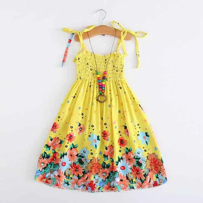 Kids Girls Floral Sling Ruffles Bohemian Beach Princess Birthday Party Dress w/ Necklaces