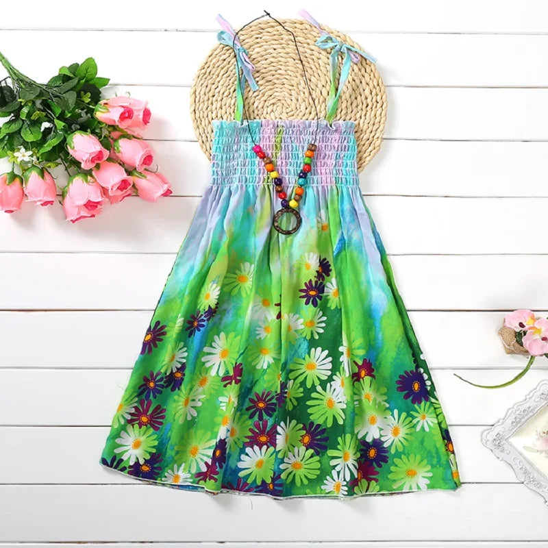 Kids Girls Floral Sling Ruffles Bohemian Beach Princess Birthday Party Dress w/ Necklaces