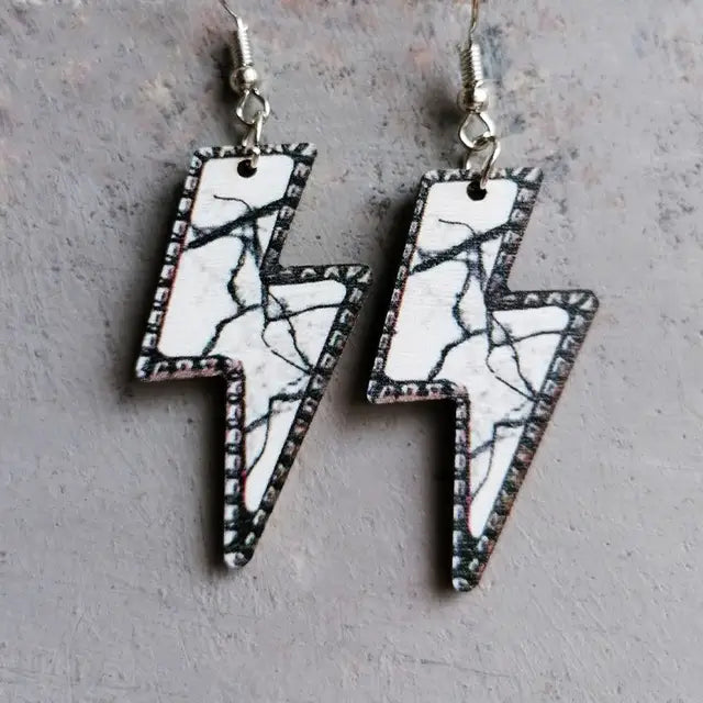 Women Turquoise Marble Pattern Print Wooden Lightning Bolt Earrings