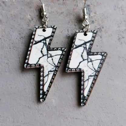 Women Turquoise Marble Pattern Print Wooden Lightning Bolt Earrings