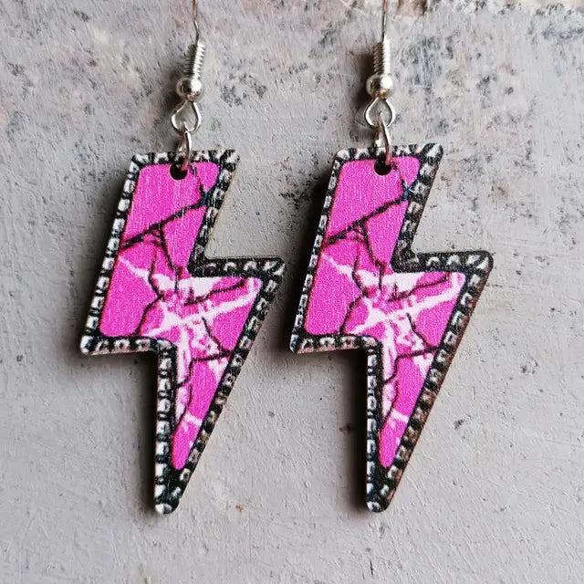 Women Turquoise Marble Pattern Print Wooden Lightning Bolt Earrings