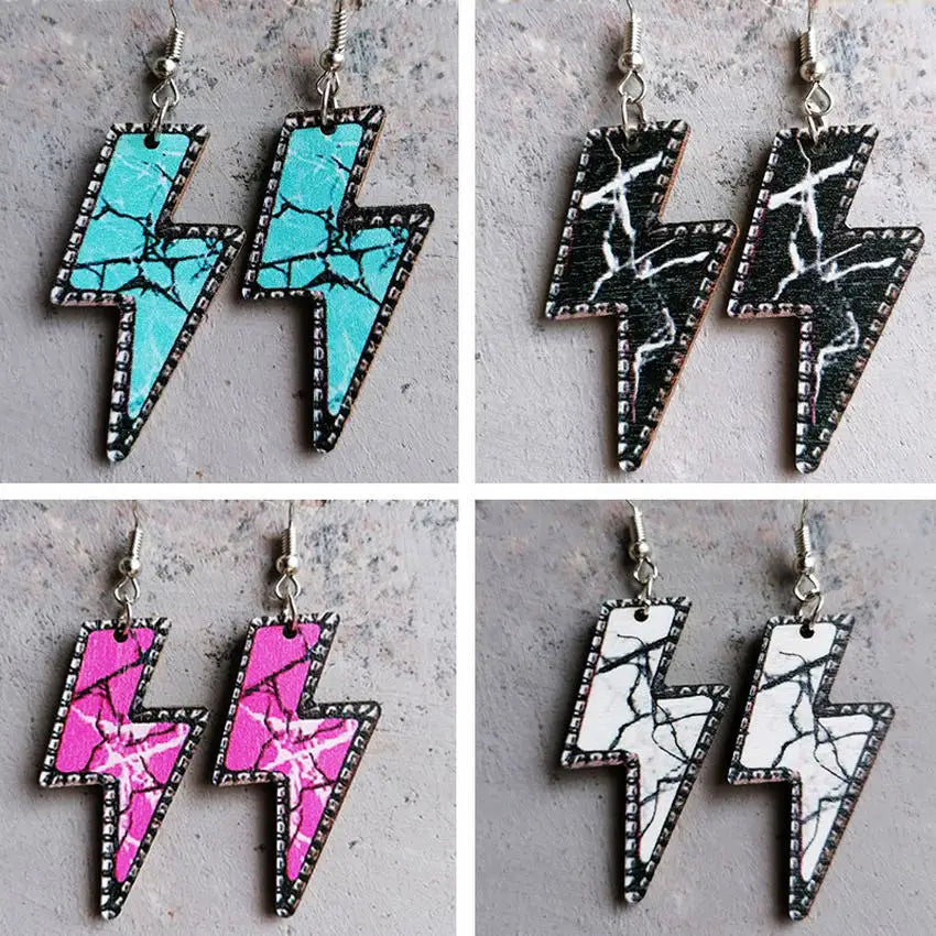 Women Turquoise Marble Pattern Print Wooden Lightning Bolt Earrings