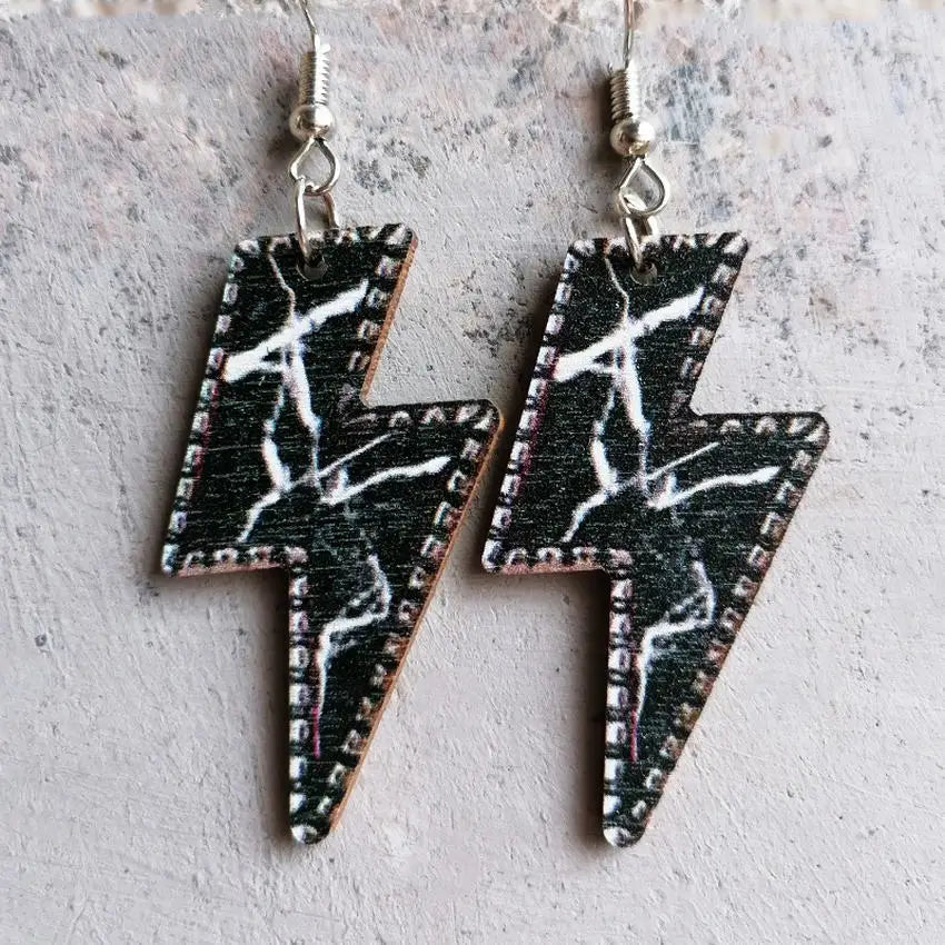 Women Turquoise Marble Pattern Print Wooden Lightning Bolt Earrings