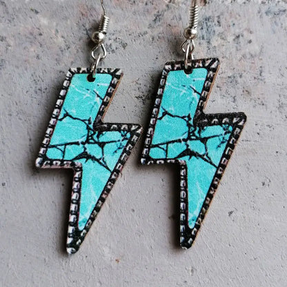 Women Turquoise Marble Pattern Print Wooden Lightning Bolt Earrings