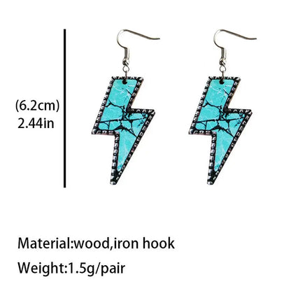 Women Turquoise Marble Pattern Print Wooden Lightning Bolt Earrings