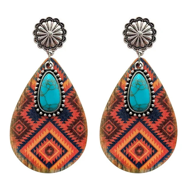 Women Turquoise Teardrop Wooden Aztec Teardrop Earrings