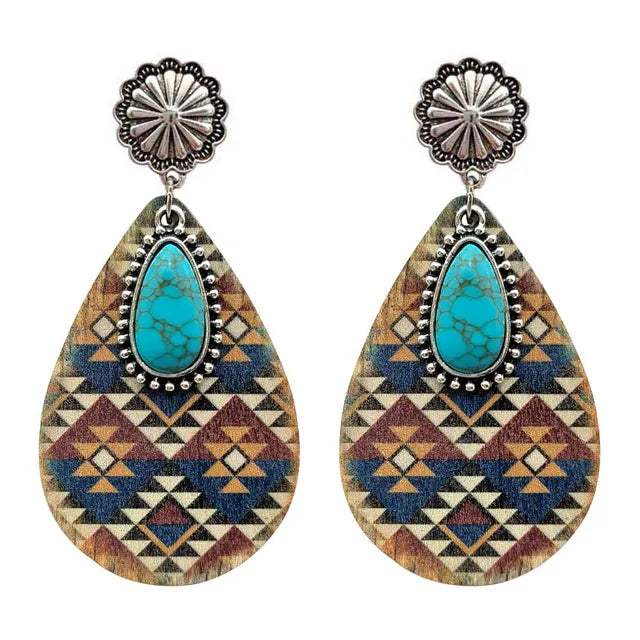 Women Turquoise Teardrop Wooden Aztec Teardrop Earrings