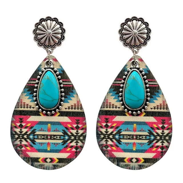 Women Turquoise Teardrop Wooden Aztec Teardrop Earrings