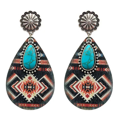 Women Turquoise Teardrop Wooden Aztec Teardrop Earrings