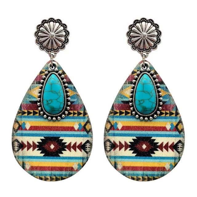 Women Turquoise Teardrop Wooden Aztec Teardrop Earrings