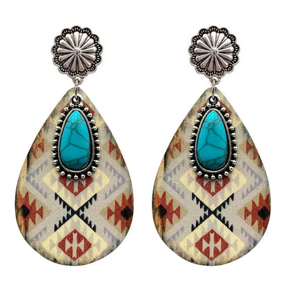 Women Turquoise Teardrop Wooden Aztec Teardrop Earrings