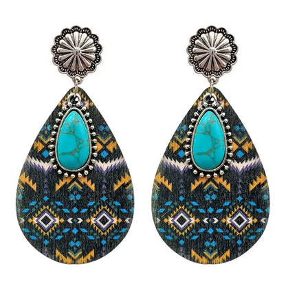 Women Turquoise Teardrop Wooden Aztec Teardrop Earrings