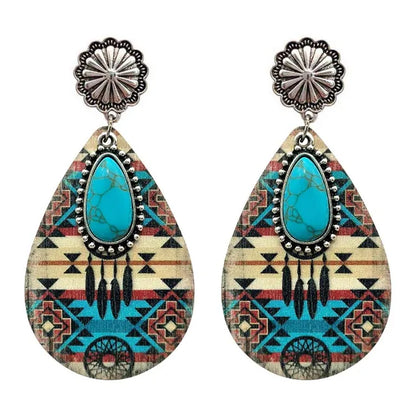 Women Turquoise Teardrop Wooden Aztec Teardrop Earrings