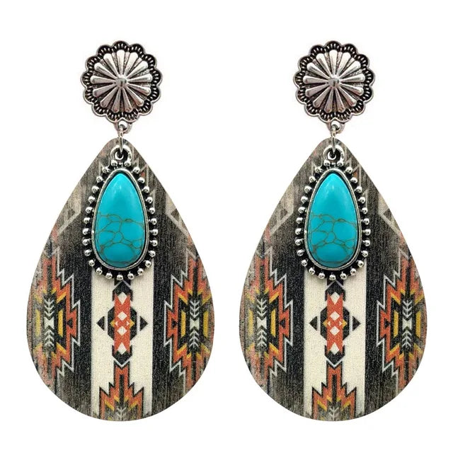 Women Turquoise Teardrop Wooden Aztec Teardrop Earrings