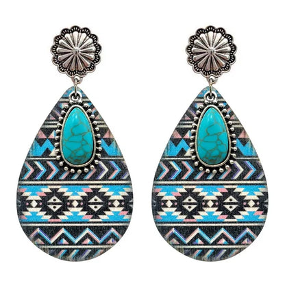 Women Turquoise Teardrop Wooden Aztec Teardrop Earrings