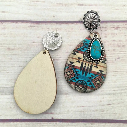 Women Turquoise Teardrop Wooden Aztec Teardrop Earrings