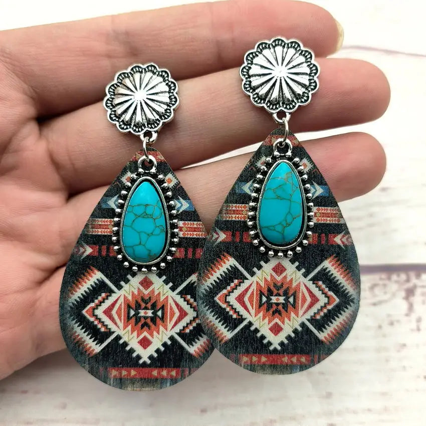 Women Turquoise Teardrop Wooden Aztec Teardrop Earrings