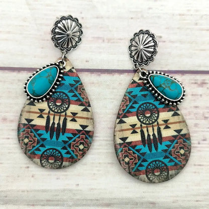 Women Turquoise Teardrop Wooden Aztec Teardrop Earrings