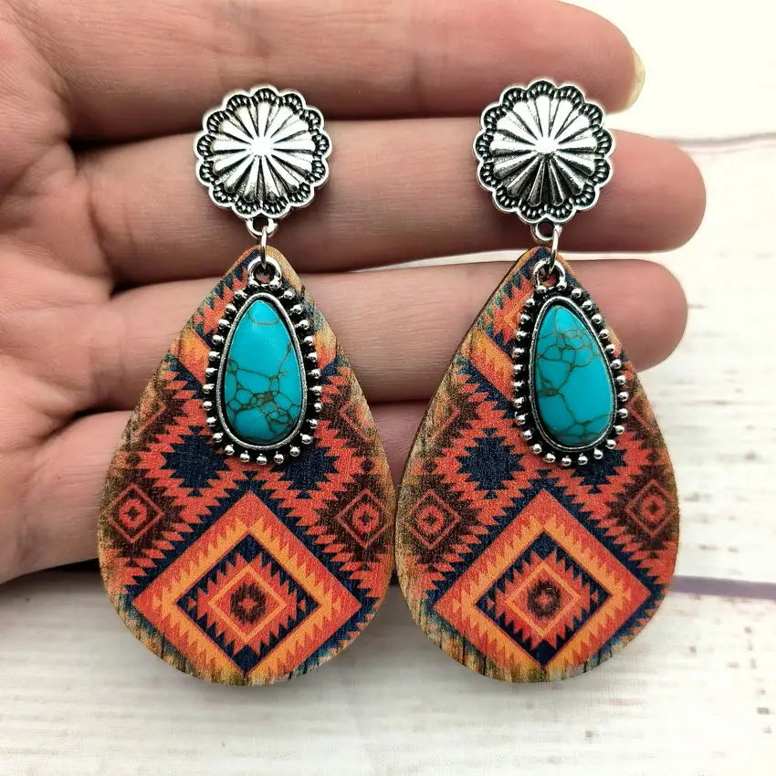 Women Turquoise Teardrop Wooden Aztec Teardrop Earrings