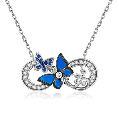 Women Fashion Infinity Ring Big Blue Butterfly Rhinestone Pendant Necklace