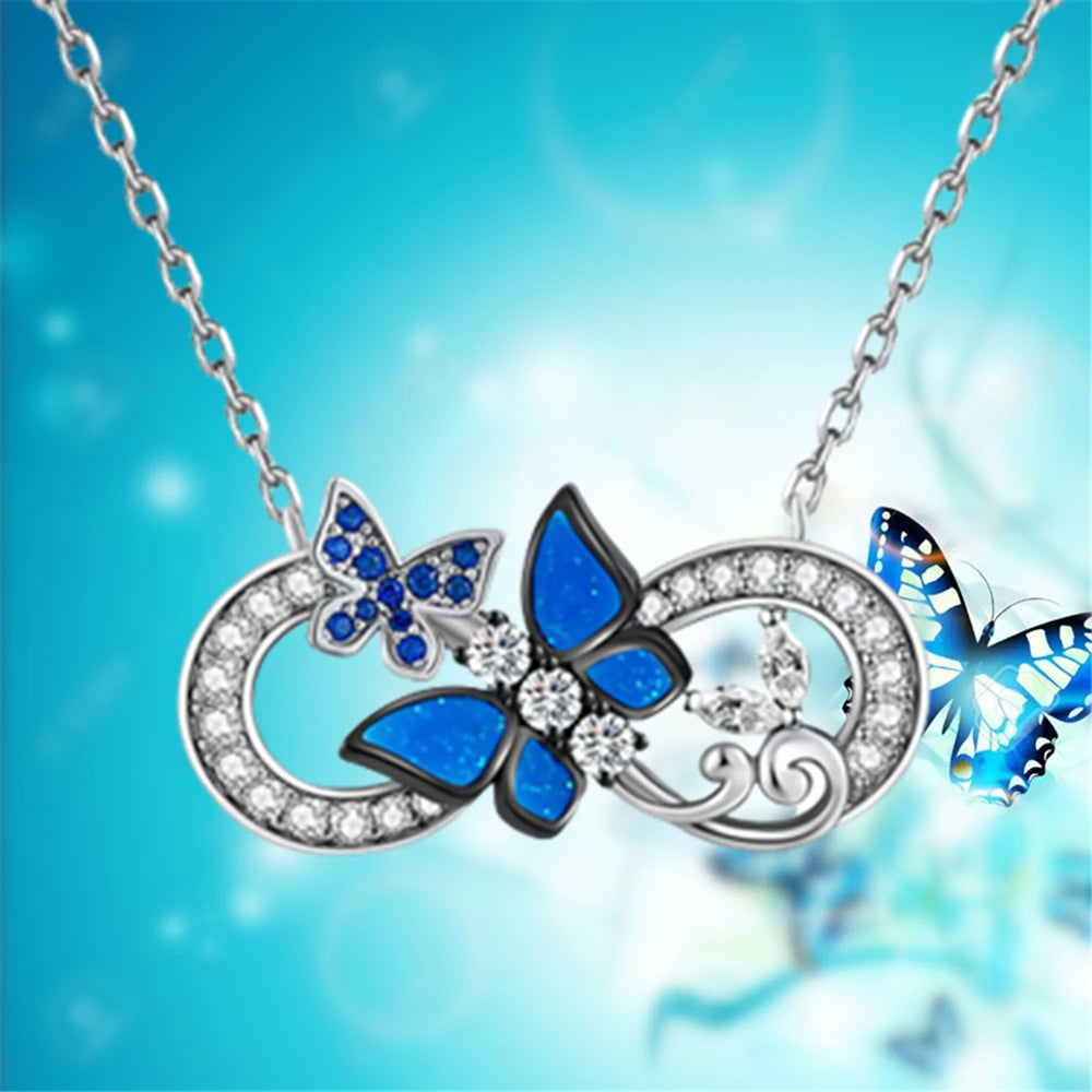 Women Fashion Infinity Ring Big Blue Butterfly Rhinestone Pendant Necklace