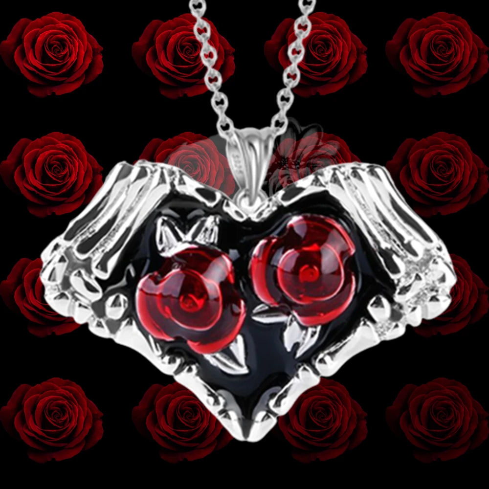 Punk Women's Fashion Heart Skeleton Rose Flower Pendant Necklace