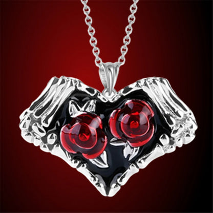 Punk Women's Fashion Heart Skeleton Rose Flower Pendant Necklace