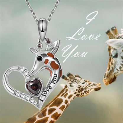 Women Fashion Giraffe Heart Shape Crystal Pendant Necklace Romantic Gifts