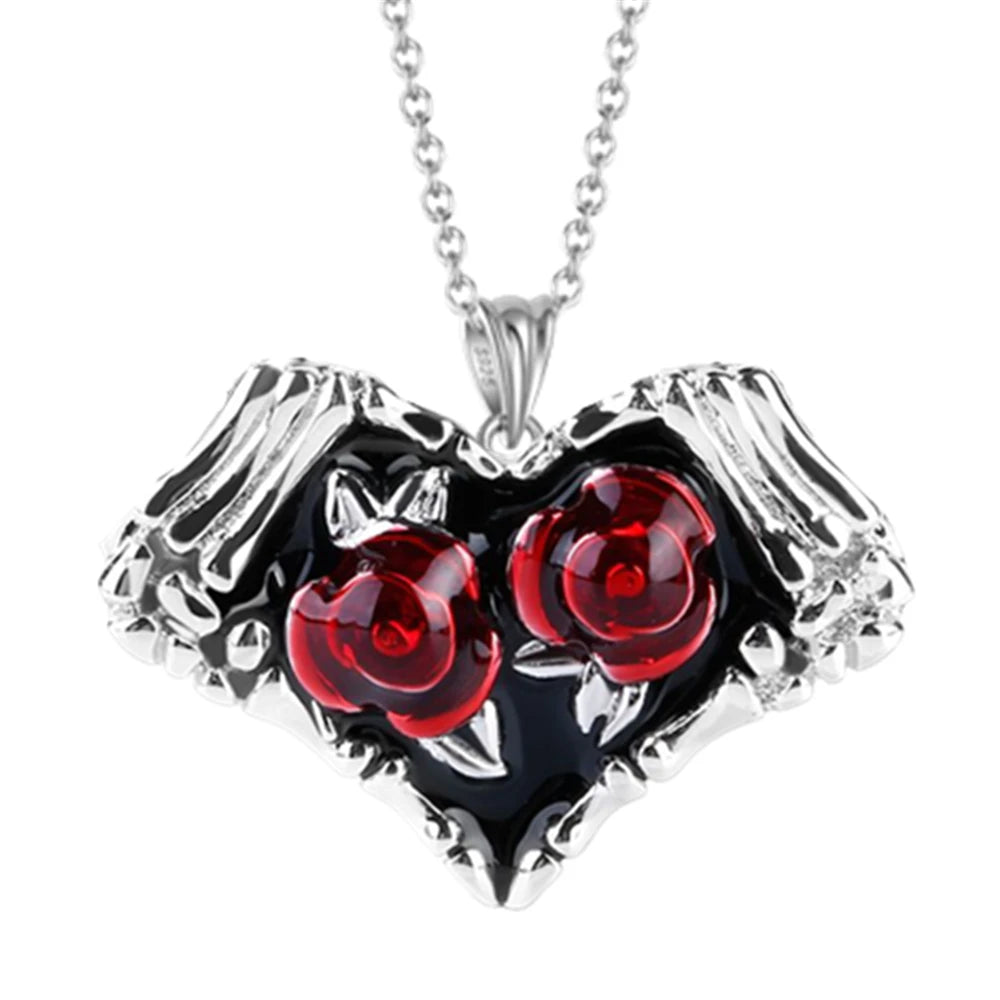 Punk Women's Fashion Heart Skeleton Rose Flower Pendant Necklace