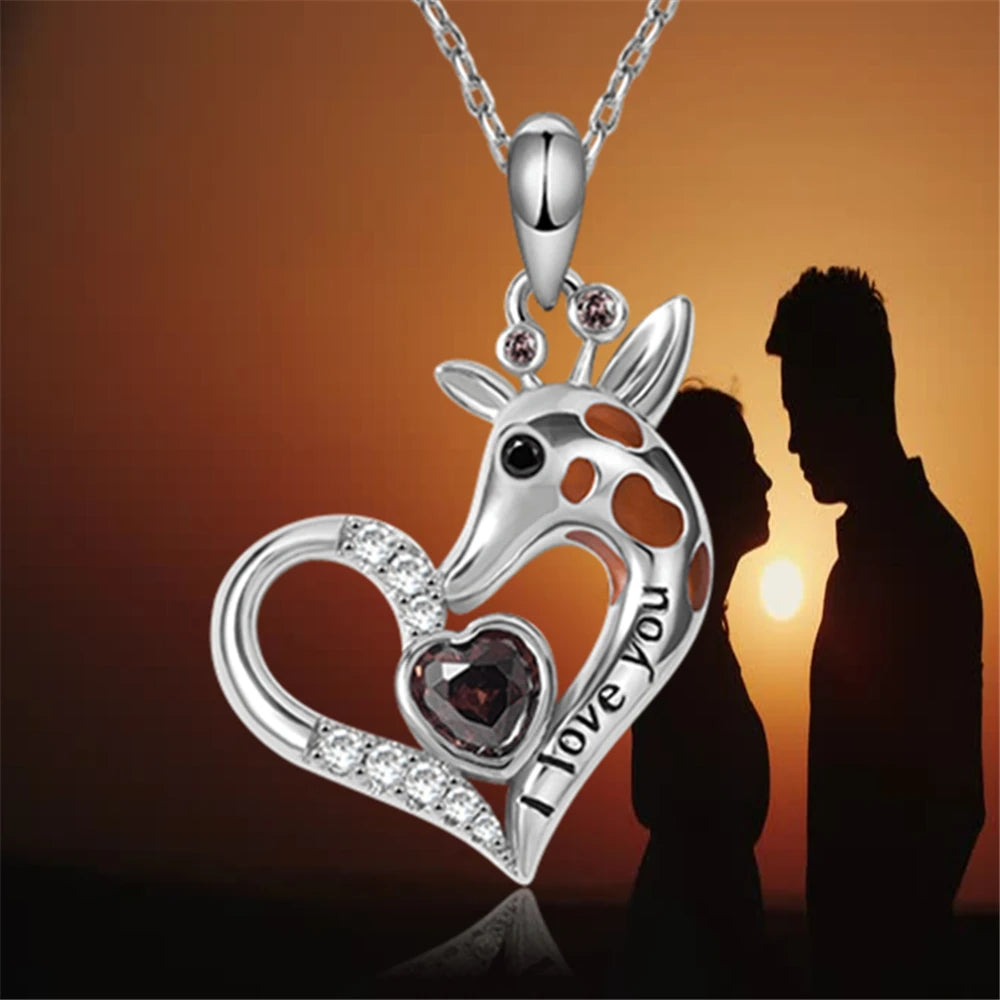 Women Fashion Giraffe Heart Shape Crystal Pendant Necklace Romantic Gifts